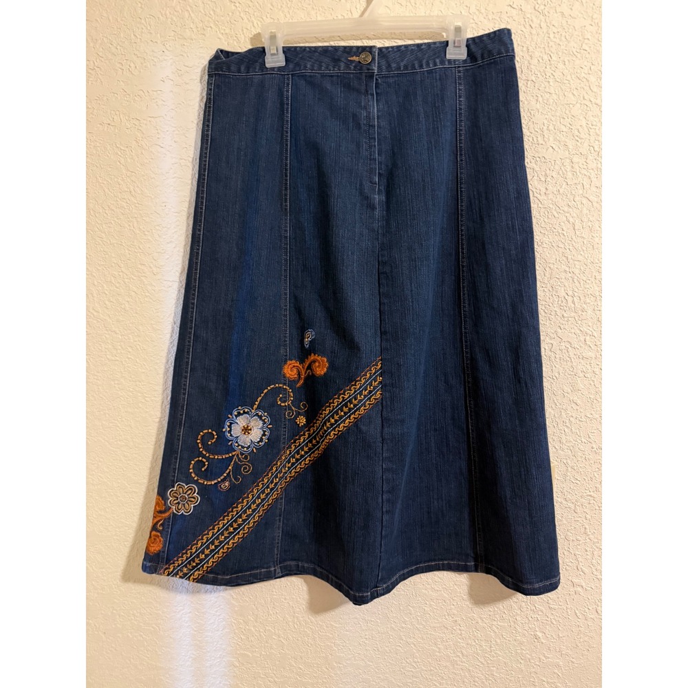 Graff Wear Womens Floral Embroidered Denim Maxi Skirt Dark Wash Blue Size 16